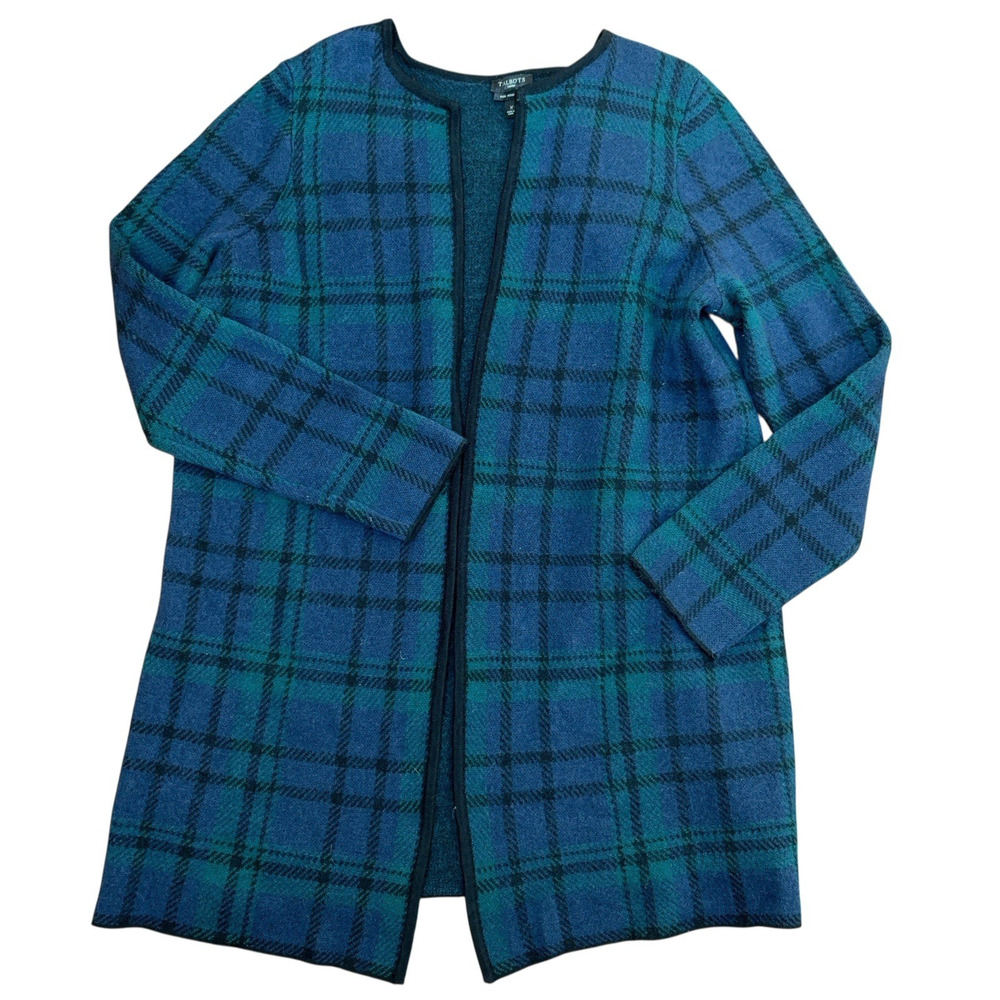 Talbots Merino Wool Cardigan Women's Size X Plus Blue Green Plaid Open Front